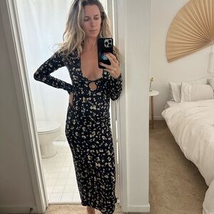 Navy Blue Floral Long Sleeve Dress by Shop RESA